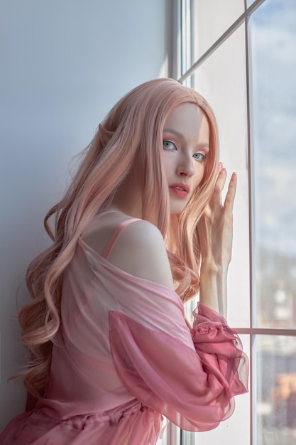 Beauty portrait of anime princess elf woman with pink hair in\
underwear fabulous magical look beautiful pink makeup rim crown on\
the head of a woman