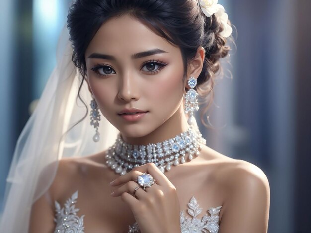 Beauty portrait of asian beauty bride wearing luxury fashion wedding dress with diamond ring