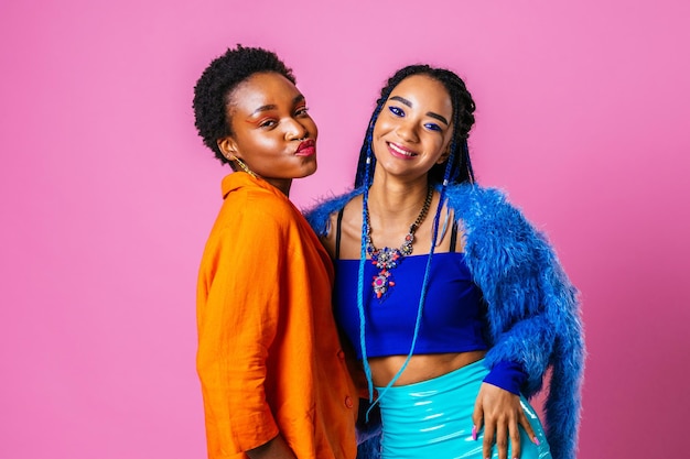 Beauty portrait of beautiful black women wearing colorful stylish clothes