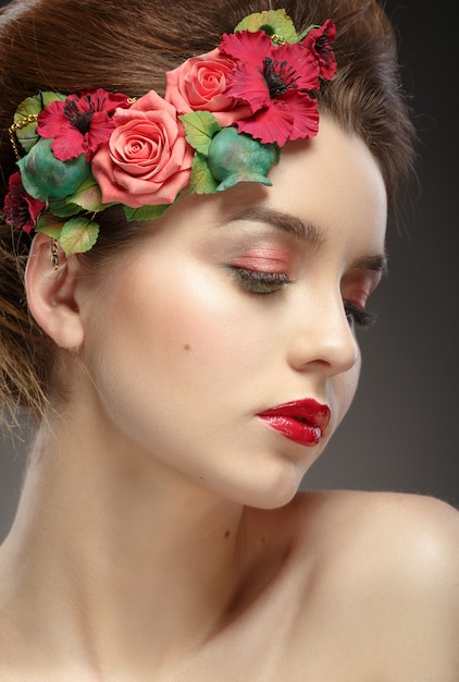 Beauty portrait of beautiful woman with colorful fashion make up.