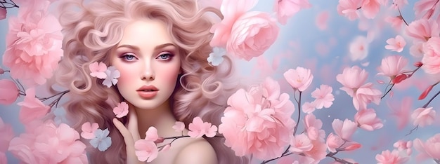 Красота портрета блондинки на розовом цветочном фоне
