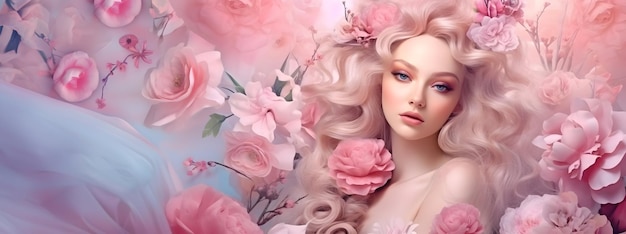 분홍색 꽃무늬 배경의 금발 소녀의 미인 초상화