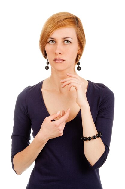 Beauty portrait of blond woman looking at camera