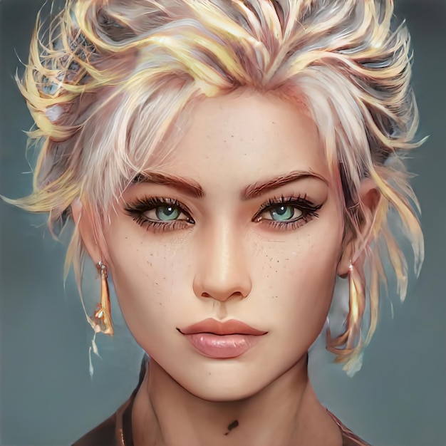 Beauty portrait of blonde woman hair. Beautiful blond dyed hair of a girl. Close-up of face, beautiful makeup. Illustration