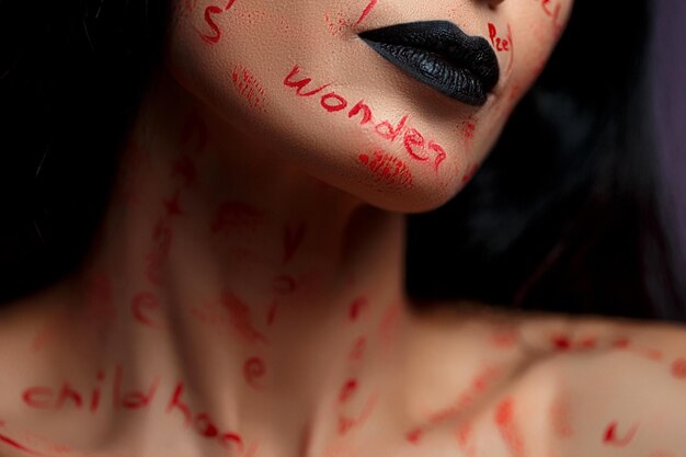Photo beauty portrait face of a young asian girl close up with inscriptions on her face