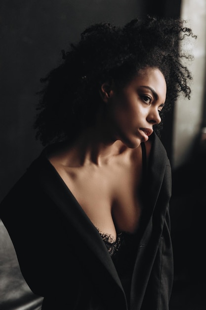 beauty portrait of gorgeous black girl with distinctive big sexy lips insightful look of beautiful