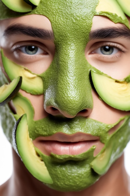 Foto ritratto bellezza cura della pelle salute maschera di avocado sfondo bianco close up maschera cosmetica