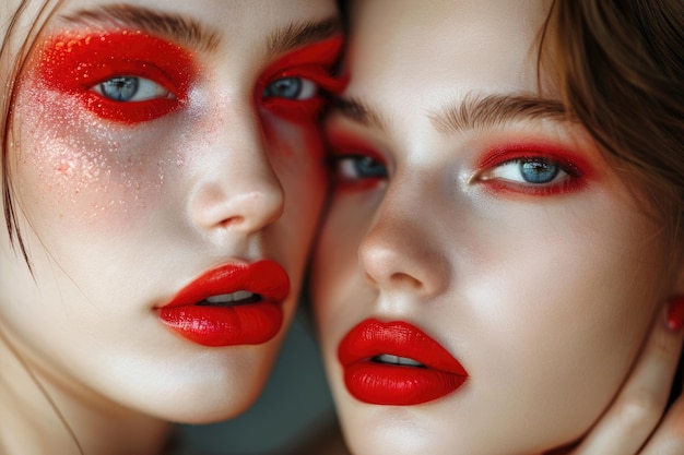 Beauty portrait of two women with red glamour make up Red lips and red eyeshadows