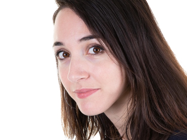 beauty portrait woman in closeup on white background