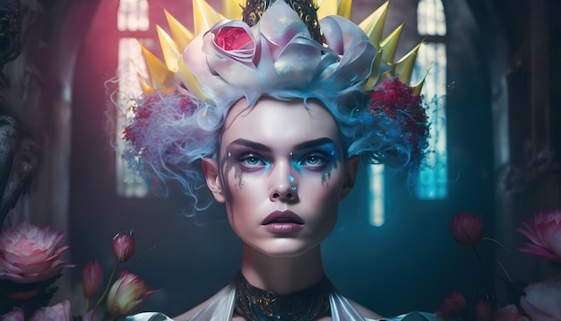 Beauty portrait of a woman goddess queen in flowers Gothic style of the princess of spring Bright color makeup of the face and eyes flower petals