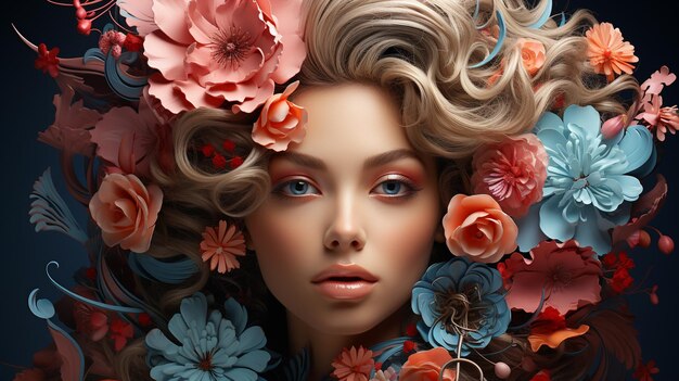 Photo beauty portrait of woman with flowers