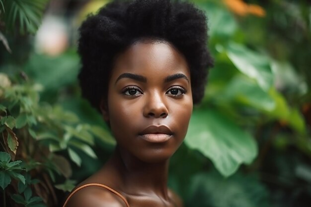 Beauty portrait of young african american woman with posing against green plants background