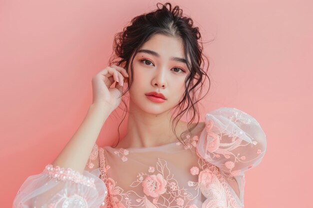 Beauty portrait of young Asian woman in dress on pink background