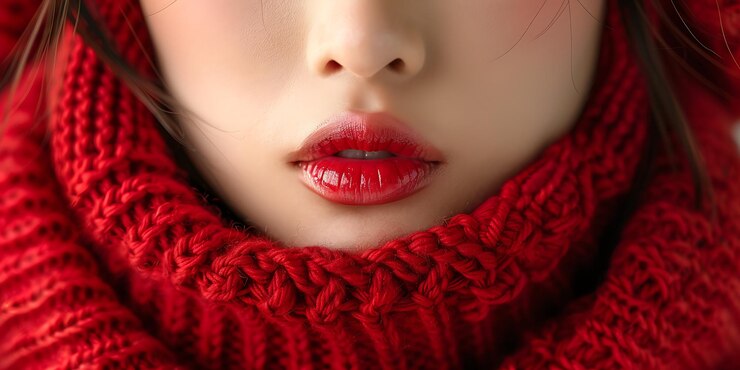 Photo 빨간 뜨개질을 입은 젊은 아시아 여성의 아름다움 초상화