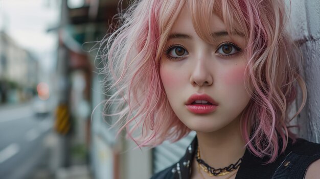 Портрет молодой азиатки с розовыми волосами