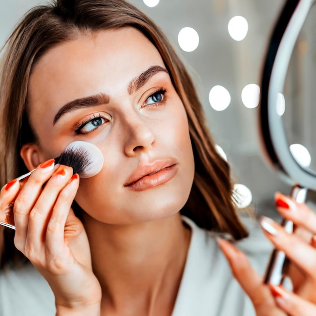 Beauty portrait of a young beautiful woman applying powder of blush makeup