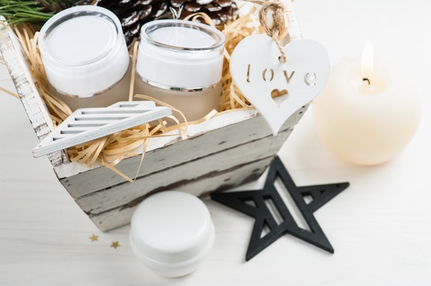 Beauty products and cosmetics with Christmas decoration