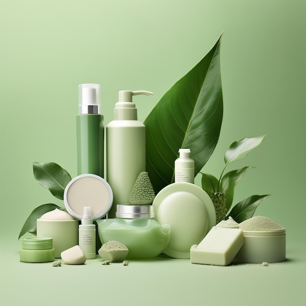 Beauty products green color background white