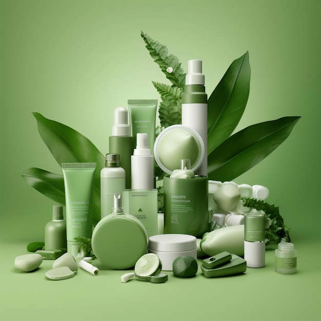 Beauty products green color on green background