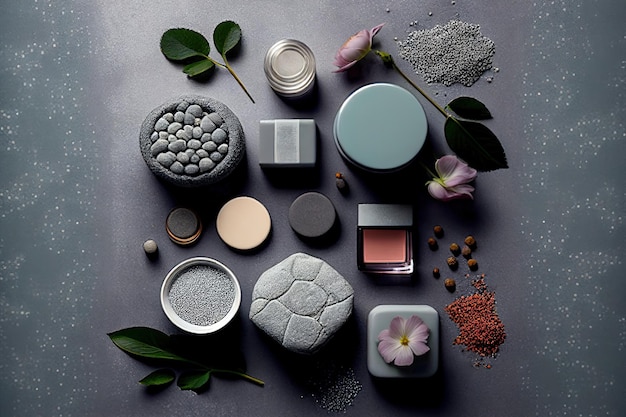 Beauty Products in Recipients Assortments on Grey Stone Mockup 2