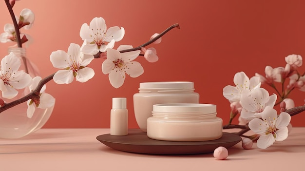 beauty products with cream jars on a pink background
