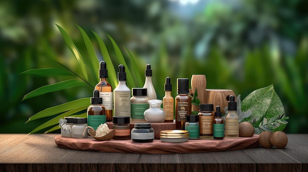 Beauty products on a wooden stand photo realistic