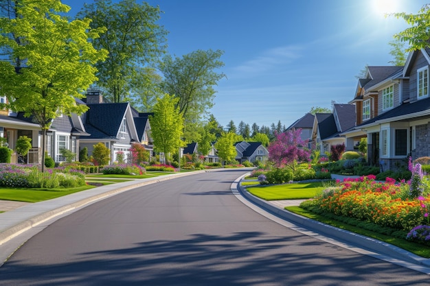 The beauty of a quiet and peaceful suburban street with colorful flowers and lush green trees