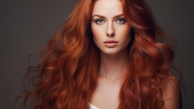 美しい赤い女の子 長い輝く巻き毛 美しい笑顔の女性 モデル 波状のヘアスタイル 美容学 化品とメイクアップ ジェネレーティブAI