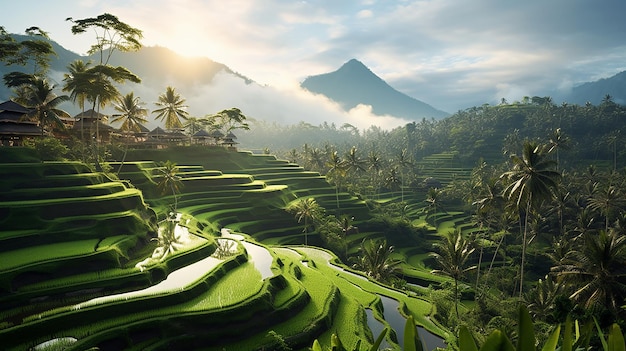 Photo beauty of rice terraces showcasing with sunlight in the morning