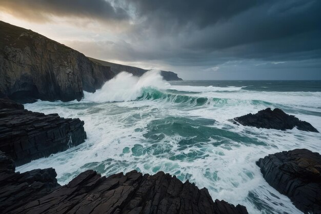 beauty of roaring ocean against rugged coastal cliffs