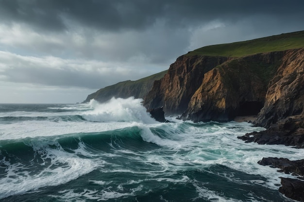 beauty of roaring ocean against rugged coastal cliffs