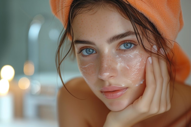 Фото Рутина красоты женщина наносит косметическое масло на лицо