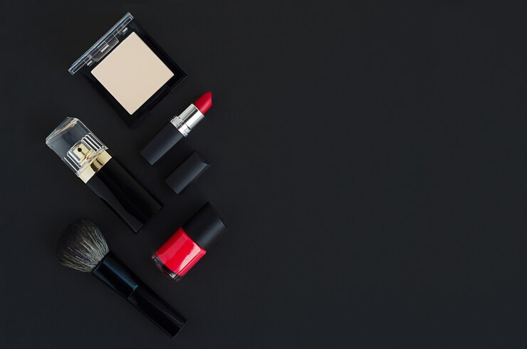 Beauty sale. luxury branded decorative cosmetics product, perfume, make up on dark background. black Friday. gifts, present, discount for holidays.