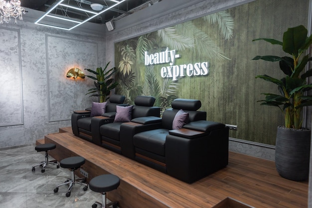 Beauty salon with interior and pedicure chairs