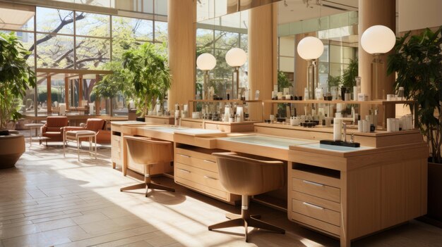 A beauty salon with a large window and wooden furniture