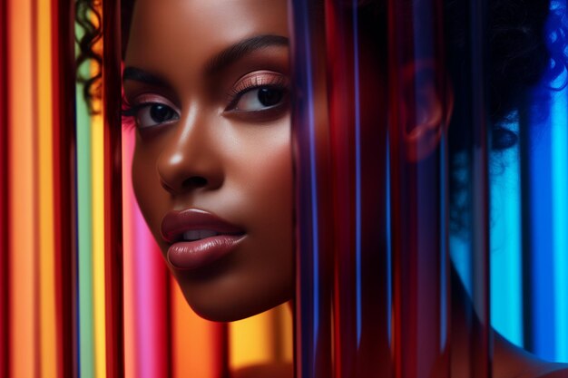 Фото Красивый снимок женского лица за стеклом с копировальным пространством для рекламы косметических продуктов