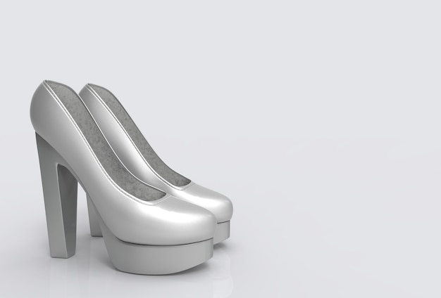 Beauty silver color high heel shoes on gray copy space background.