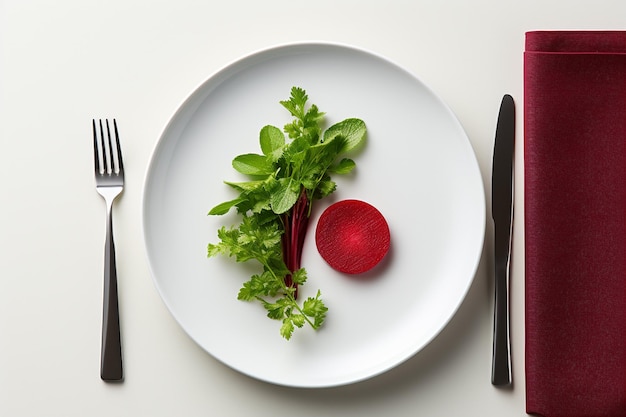 Beauty in simplicity one piece of fresh beets on a white plate with cutlery top view