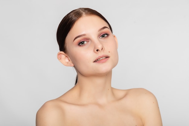 Beauty skin woman natural makeup face cosmetic concept. Beauty portrait of female face with natural clear skin