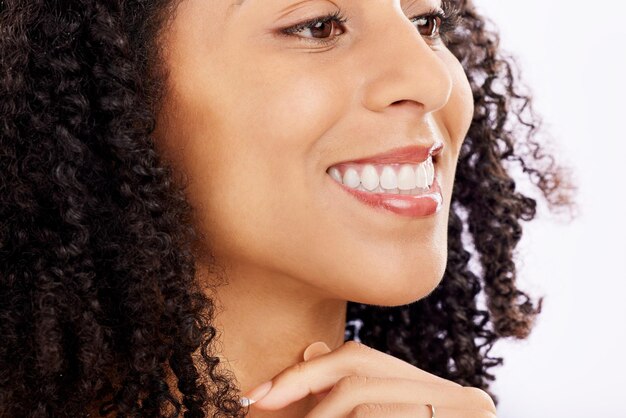 Beauty skincare and face of black woman on a white background for wellness health and facial Dermatology closeup and natural happy female person smile for cosmetics makeup and luxury in studio