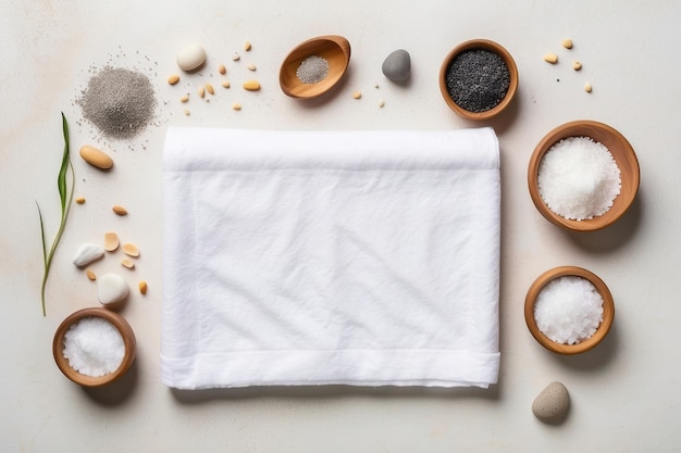 Beauty and spa concept Towel sea salt pumice and stones on white paper background