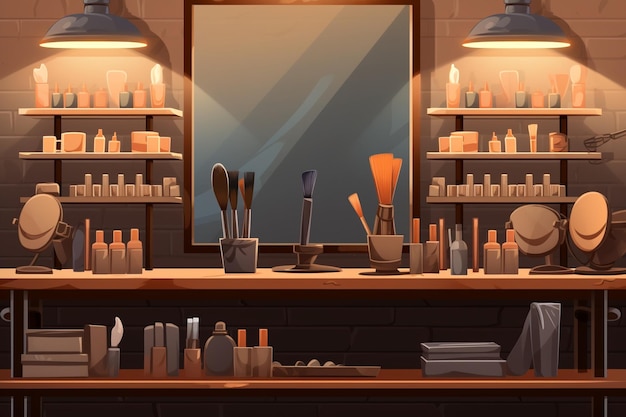 Beauty store background with make up artist and hairdressing objects