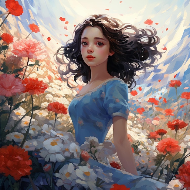 The beauty strolled freely in the sea of flowers