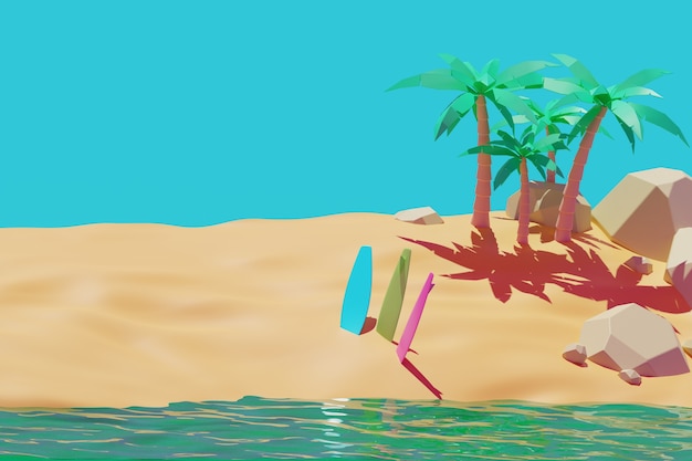 Красота летний пляж, доска для серфинга, песок, фоновая анимация пальмы 3d рендеринг