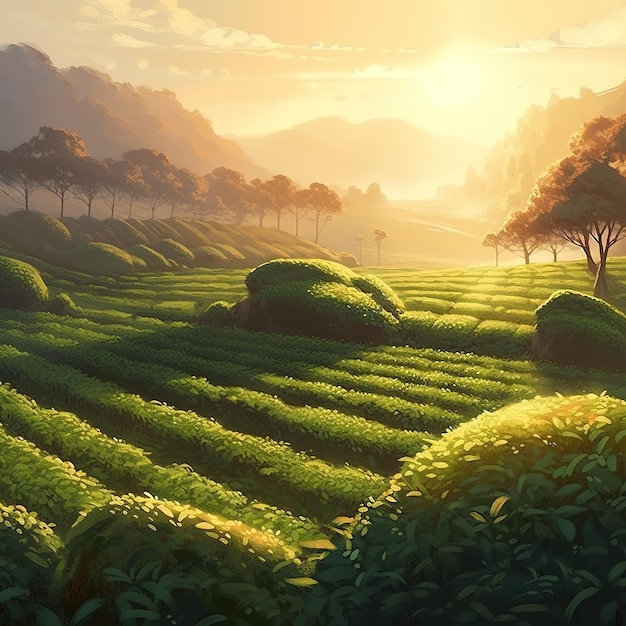 Beauty of Sunlit Tea Fields in a Serene and Tranquil Rural Landscape generative ai