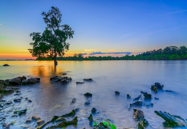 Beauty sunset on the beach with coral along the coast Batam island