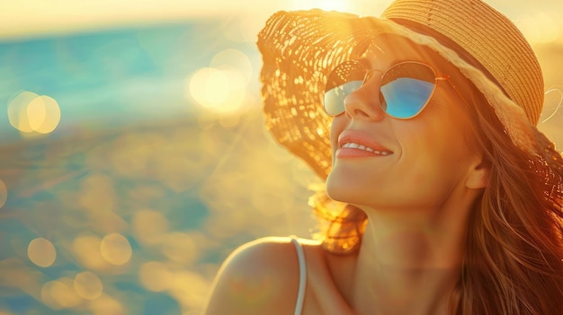 写真 美しい陽光の女の子の肖像画 夏を楽しんでいる美しい幸せな女性 晴れた夏の日 浜辺の熱い太陽の下で
