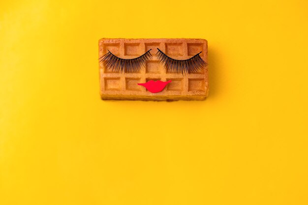 Beauty sweet Viennese waffle with makeup on yellow background. Minimalist style. Creative idea