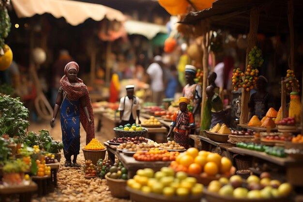 Foto beauty tilt shift con un servizio fotografico unico e creativo di un vivace mercato nigeriano scattato con