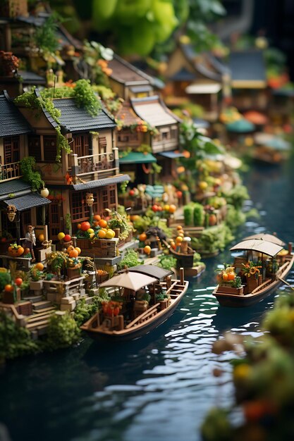 Beauty tilt shift with unique and creative photoshoot of a vibrant thai floating market tak